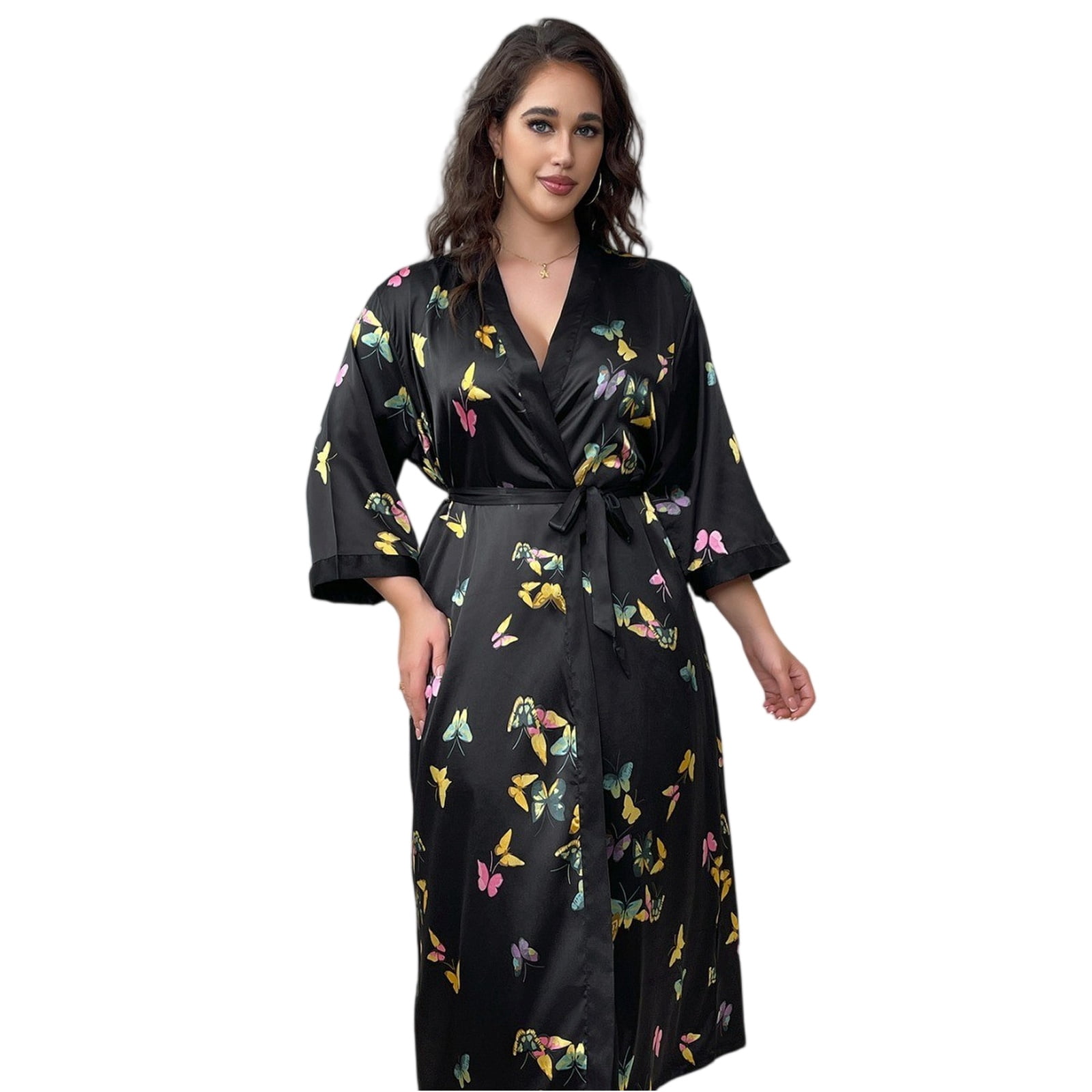 WTOBBY Women's Nightwear Robe Plus Size 3X-6X Soft Belted Kimono Long ...