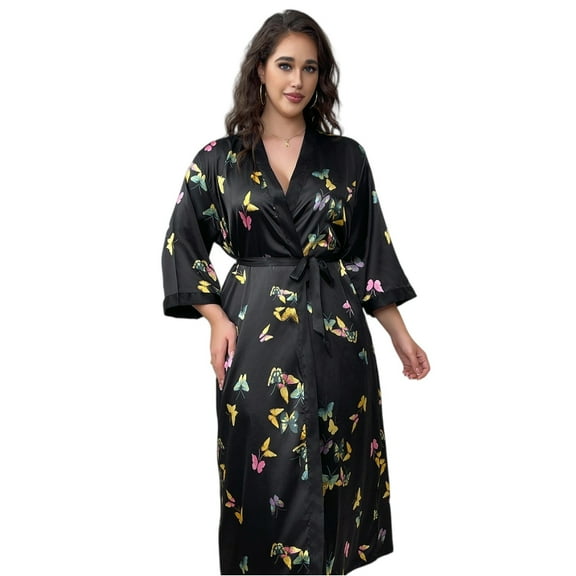 WTOBBY Women's Nightwear Robe Plus Size 3X-6X Soft Belted Kimono Long Sleeve Loungewear Sexy Cover Up Home Lounge Comfortable Wear,Black 5XL