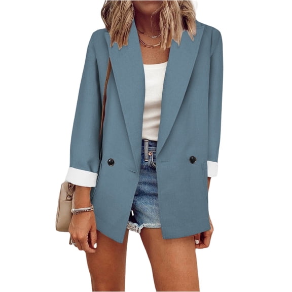WTOBBY Women's Notch Lapel Blazer Jacket Slim Fit Formal Cardigan Style Long Sleeve Single Breasted Office Coat with Front Pockets for Business Professional,Blue S