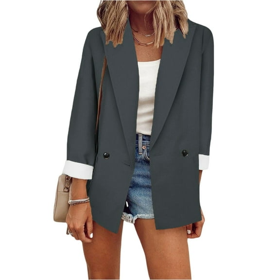 WTOBBY Women's Notch Lapel Blazer Jacket Slim Fit Formal Cardigan Style Long Sleeve Single Breasted Office Coat with Front Pockets for Business Professional,Dark Gray S