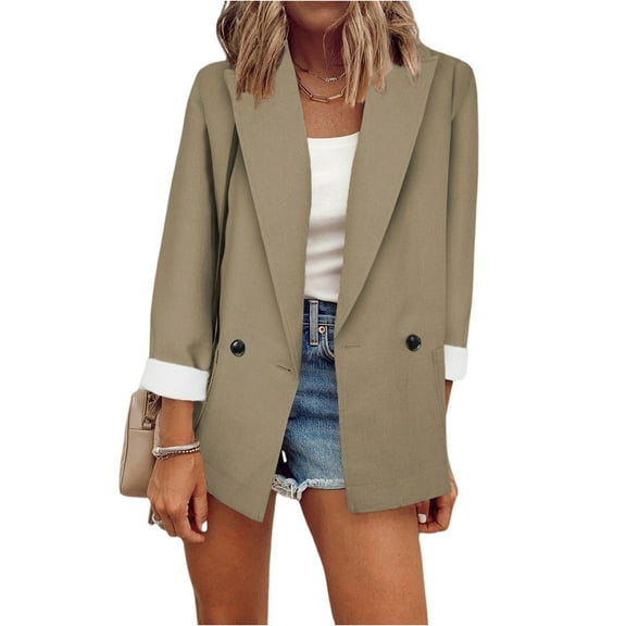 WTOBBY Women's Notch Lapel Blazer Jacket Slim Fit Formal Cardigan Style Long Sleeve Single Breasted Office Coat with Front Pockets for Business Professional,Khaki L