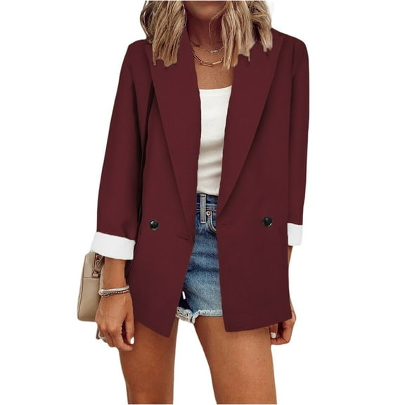 WTOBBY Women's Notch Lapel Blazer Jacket Slim Fit Formal Cardigan Style Long Sleeve Single Breasted Office Coat with Front Pockets for Business Professional,Wine S
