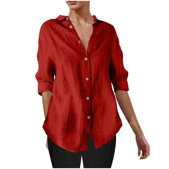 WTOBBY Women's Notch Lapel Button Down Long Sleeve Tunic Top, Lightweight Linen Casual Blouse, Solid Color Loose Fit Shirt for Spring Summer Comfort,Red L
