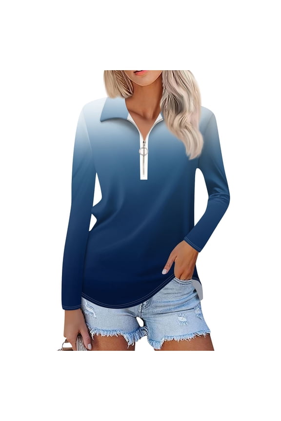 Women's Ombre Print Polo Shirt - Long Sleeve Casual V-Neck Zipper Detail Tops for Women, Spring Fall Fashion Comfort Stretch Gradient Design,Blue L