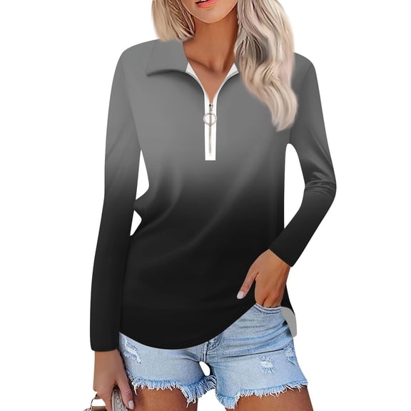 WTOBBY Women's Ombre Print Polo Shirt - Long Sleeve Casual V-Neck Zipper Detail Tops for Women, Spring Fall Fashion Comfort Stretch Gradient Design,Gray M