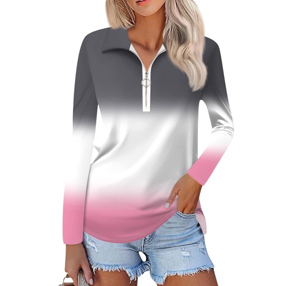 WTOBBY Women's Ombre Print Polo Shirt - Long Sleeve Casual V-Neck Zipper Detail Tops for Women, Spring Fall Fashion Comfort Stretch Gradient Design,Pink XL