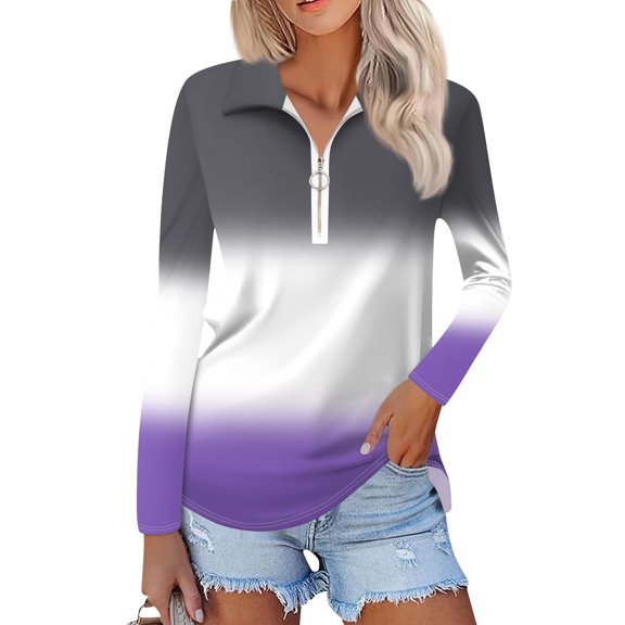 WTOBBY Women's Ombre Print Polo Shirt - Long Sleeve Casual V-Neck Zipper Detail Tops for Women, Spring Fall Fashion Comfort Stretch Gradient Design,Purple M
