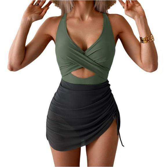 WTOBBY Women's One-Piece Swimsuit Solid Color with Bra Pads Non-Steel Support Sexy Bikini Set Adjustable Straps for Beach Pool Summer Swimwear,Green S