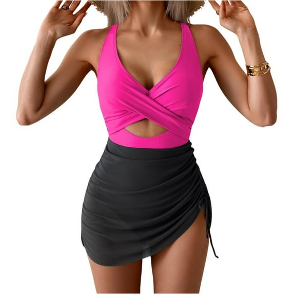 WTOBBY Women's One-Piece Swimsuit Solid Color with Bra Pads Non-Steel Support Sexy Bikini Set Adjustable Straps for Beach Pool Summer Swimwear,Hot Pink 2XL