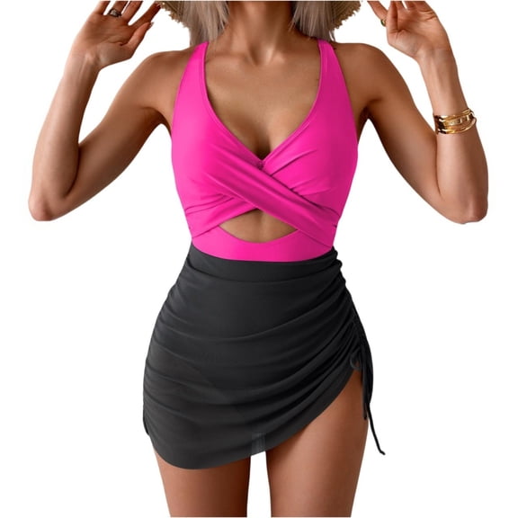 WTOBBY Women's One-Piece Swimsuit Solid Color with Bra Pads Non-Steel Support Sexy Bikini Set Adjustable Straps for Beach Pool Summer Swimwear,Hot Pink S