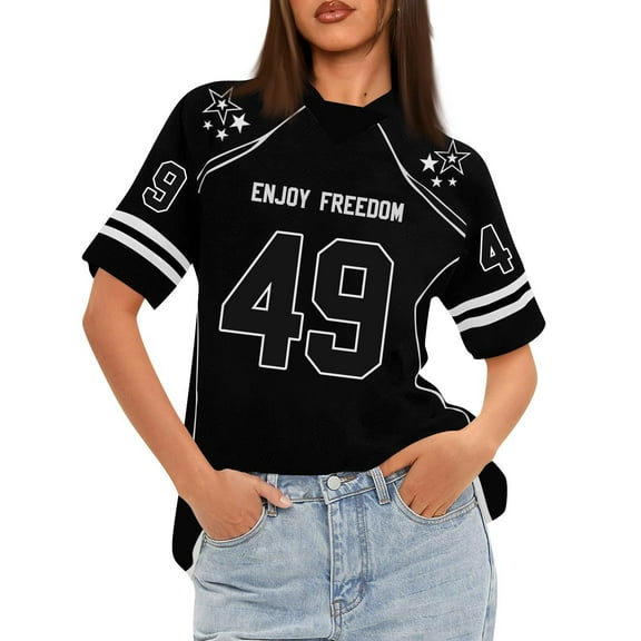 WTOBBY Women's Oversized Short Sleeve Mesh Football Jersey Style V-Neck Graphic Top Tee, Sporty and Casual for Everyday Wear, Comfortable Breathable Fabric with Athletic Design ,Black L