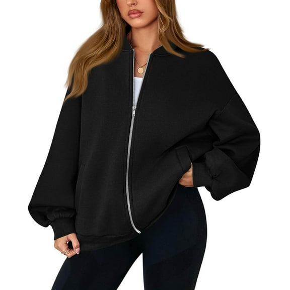 WTOBBY Women's Oversized V-Neck Zip-Front Jacket, Long Sleeve Solid Color Loose Fit Shacket, Casual Streetwear Open Style Coat, Lightweight Layering Piece for Women,Black S