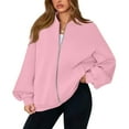 thumbnail image 1 of WTOBBY Women's Oversized V-Neck Zip-Front Jacket, Long Sleeve Solid Color Loose Fit Shacket, Casual Streetwear Open Style Coat, Lightweight Layering Piece for Women,Pink L, 1 of 6