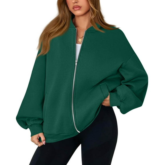 WTOBBY Women's Oversized V-Neck Zip-Front Jacket, Long Sleeve Solid Color Loose Fit Shacket, Casual Streetwear Open Style Coat, Lightweight Layering Piece for Women,Dark Green S