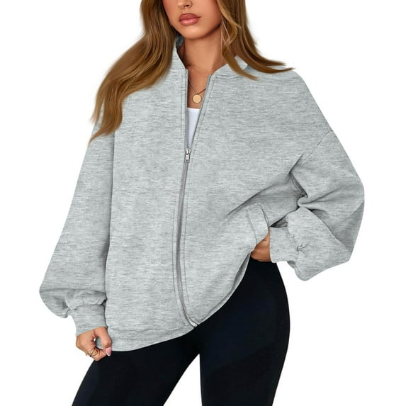 WTOBBY Women's Oversized V-Neck Zip-Front Jacket, Long Sleeve Solid Color Loose Fit Shacket, Casual Streetwear Open Style Coat, Lightweight Layering Piece for Women,Light Gray 3XL
