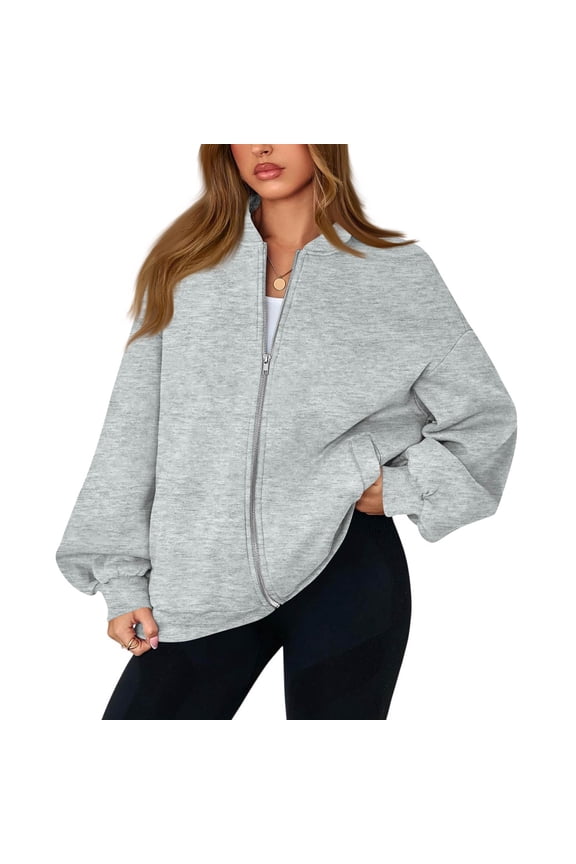 Women's Oversized V-Neck Zip-Front Jacket, Long Sleeve Solid Color Loose Fit Shacket, Casual Streetwear Open Style Coat, Lightweight Layering Piece for Women,Light Gray S