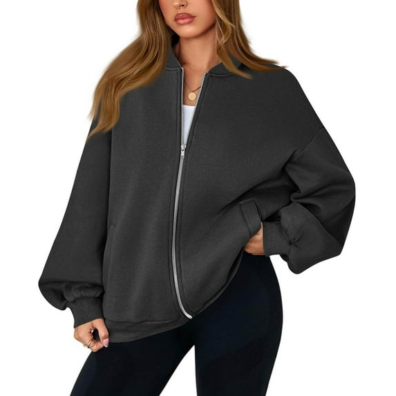 WTOBBY Women's Oversized Zip Up Jacket, Solid Color V-Neck Long Sleeve, Loose Fit Casual Outerwear, Street Fashion Style, Comfortable Lightweight Coat,Dark Gray L