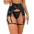 thumbnail image 1 of WTOBBY Women's PU Leather Mini Skirt Set, Corset Bustier with Garter Straps, Fishnet Stockings Included, Stretchy Fitted Clubwear for Parties ,Black L, 1 of 5