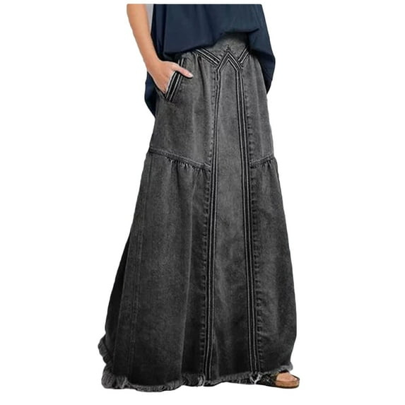 WTOBBY Women's Patchwork Denim Skirt Casual Loose Fit Side Pockets Solid Color Mid Length Comfort Stretch Washed Blue Jeans Skirt,Gray M