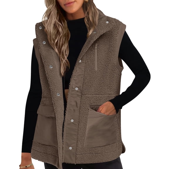 WTOBBY Women's Patchwork Lambswool Vest, Sleeveless Casual Warm Tank, Versatile Layering Piece, Plush Lining, Comfortable Fit for Cold Weather,Coffee XL