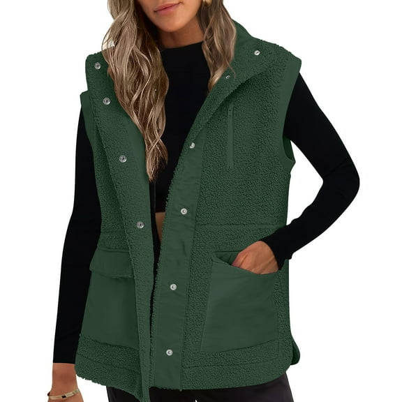 WTOBBY Women's Patchwork Lambswool Vest, Sleeveless Casual Warm Tank, Versatile Layering Piece, Plush Lining, Comfortable Fit for Cold Weather,Dark Green L