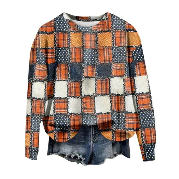 WTOBBY Women's Patchwork Print Long Sleeve Pullover, Casual Crewneck Top for Fall Fashion, Comfortable Loose Fit Blouse with Artistic Design, Holiday Style,Orange S