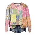 thumbnail image 1 of WTOBBY Women's Patchwork Print Long Sleeve Pullover, Casual Crewneck Top for Fall Fashion, Comfortable Loose Fit Blouse with Artistic Design, Holiday Style,Pink XL, 1 of 4
