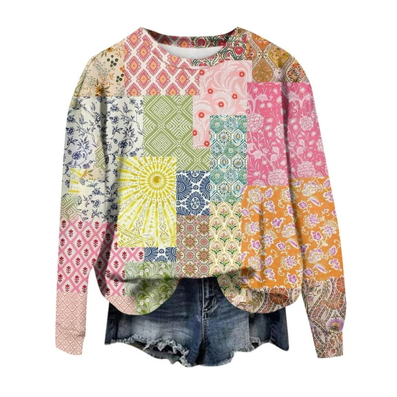 WTOBBY Women's Patchwork Print Long Sleeve Pullover, Casual Crewneck Top for Fall Fashion, Comfortable Loose Fit Blouse with Artistic Design, Holiday Style,Pink S