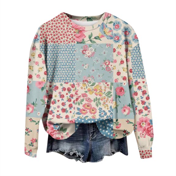WTOBBY Women's Patchwork Print Long Sleeve Pullover, Casual Crewneck Top for Fall Fashion, Comfortable Loose Fit Blouse with Artistic Design, Holiday Style,Sky Blue S