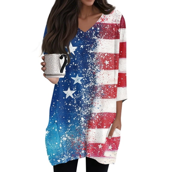 WTOBBY Women's Patriotic Independence Day Print Top V-Neck 3/4 Sleeve Tunic with Convenient Pockets Mid-Length Casual Blouse,Light Blue M