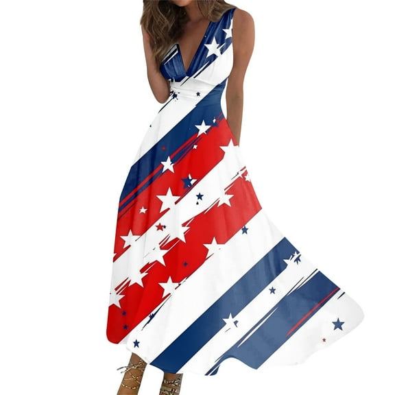 WTOBBY Women's Patriotic Print Casual Summer Dress V-Neck Sleeveless Ruffled Waist Chiffon Dress for 4th of July Independence Day Celebrations Parades,BlueM