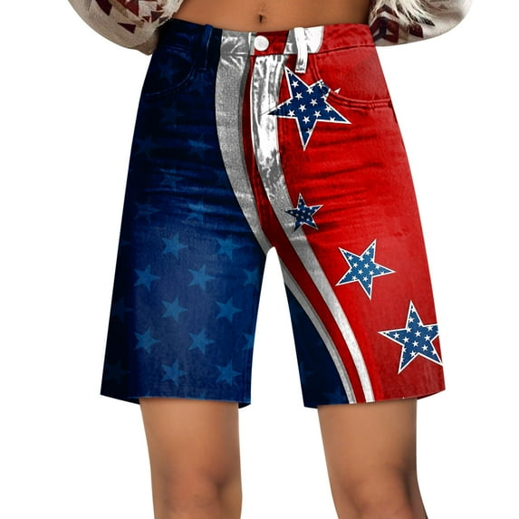 WTOBBY Women's Patriotic Print Wide Leg Bermuda Shorts - 4th of July Casual Short Pants with Elastic Waist & Quick-Dry Material for Outdoor Celebrations,Red XL