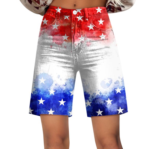 WTOBBY Women's Patriotic Print Wide Leg Bermuda Shorts - 4th of July Casual Short Pants with Elastic Waist & Quick-Dry Material for Outdoor Celebrations,White L