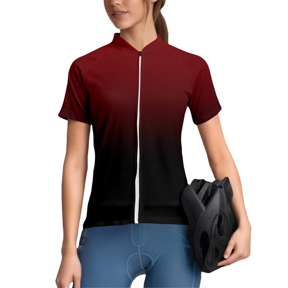 WTOBBY Women's Performance Cycling Short Sleeve Shirt, Ombre Gradient Athletic Top with Breathable Fabric & Reflective Safety Trim,Deep Red L