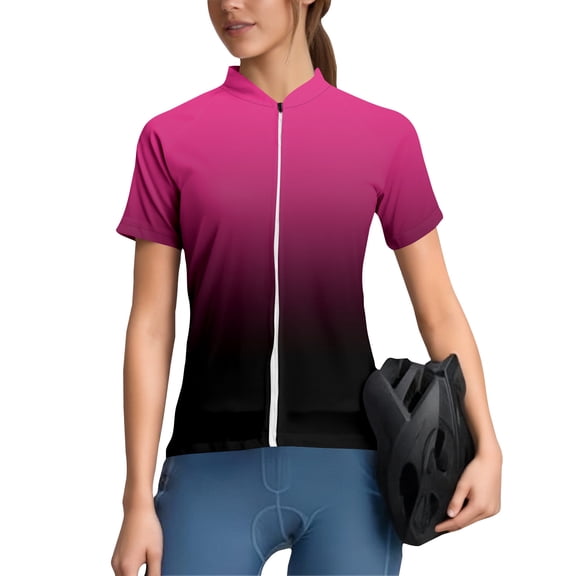 WTOBBY Women's Performance Cycling Short Sleeve Shirt, Ombre Gradient Athletic Top with Breathable Fabric & Reflective Safety Trim,Hot Pink S