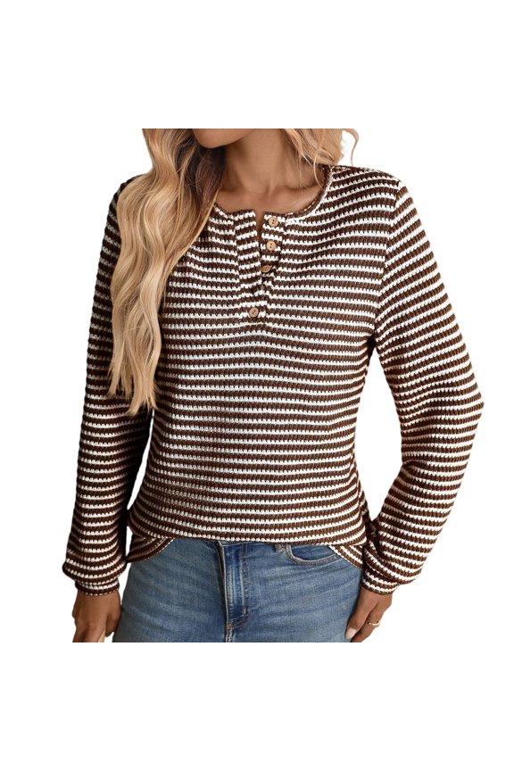 Women's Pineapple Print Knit Button Front Round Neck Long Sleeve T Shirt, Unique Texture Casual Top, Comfortable Pullover Blouse,Coffee 2XL