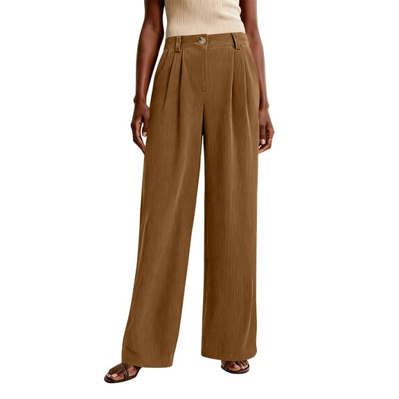WTOBBY Women's Pinstripe Straight Leg Wide Pants, Loose Fit Casual Fashion Trousers for Winter Season Comfort and Everyday Style,Camel L