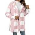 thumbnail image 1 of WTOBBY Women's Plaid Mid-Length Plush Cardigan, Hooded Winter Warm Jacket, Cozy Fleece Lining, Casual Oversized Fit, Perfect for Cold Weather Layering,Pink XL, 1 of 5