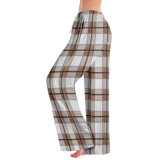 WTOBBY Women's Plaid Print Drawstring Elastic Waist Comfortable Straight Leg Loose Pajama Pants for Casual Sleepwear and Home Lounging,Khaki S