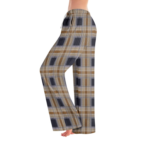 WTOBBY Women's Plaid Print Drawstring Elastic Waist Comfortable Straight Leg Loose Pajama Pants for Casual Sleepwear and Home Lounging,Light Brown S