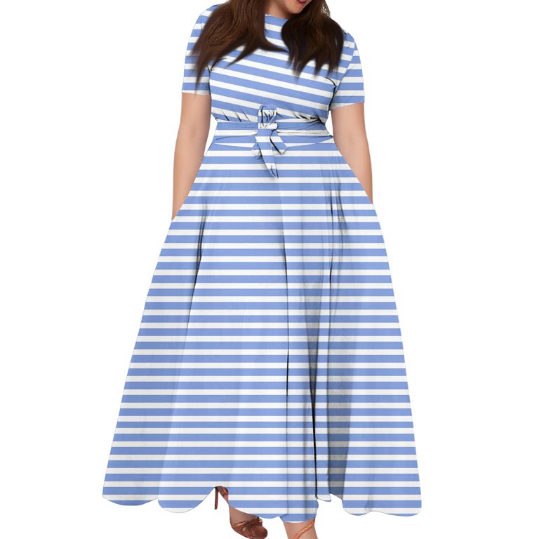 plus size blue plaid dress Plus Size Maxi Dress Ruffle Sleeveless-Blue White Plaid, 3XL main image 1