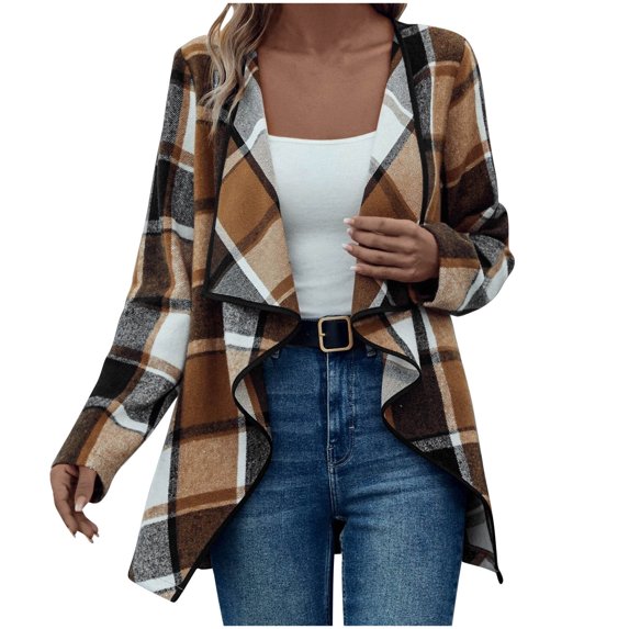 WTOBBY Women's Plaid Printed Fashionable Long Sleeved Jacket Cardigan, Open Front Casual Cover Up with Front Pockets and Lightweight Design for Spring and Fall,Coffee 2XL