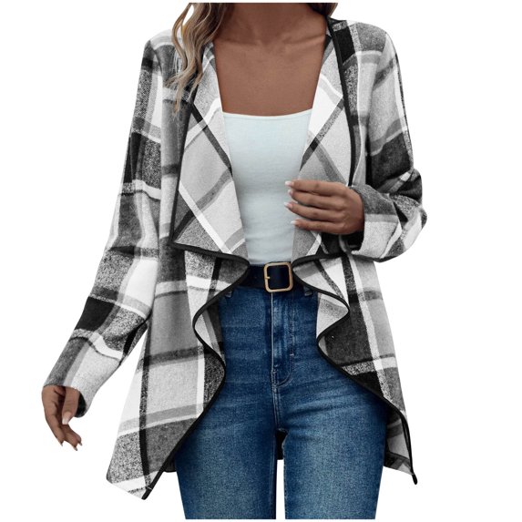 WTOBBY Women's Plaid Printed Fashionable Long Sleeved Jacket Cardigan, Open Front Casual Cover Up with Front Pockets and Lightweight Design for Spring and Fall,Light Gray S
