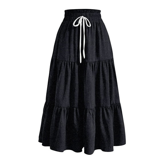 WTOBBY Women's Plain Color Ruffled Casual Long Skirt with Bow Detail, Retro Pleated Big Swing Skirt for Spring, Denim Print Design Loose Fit Half Skirt for Daily Fashion,Black L