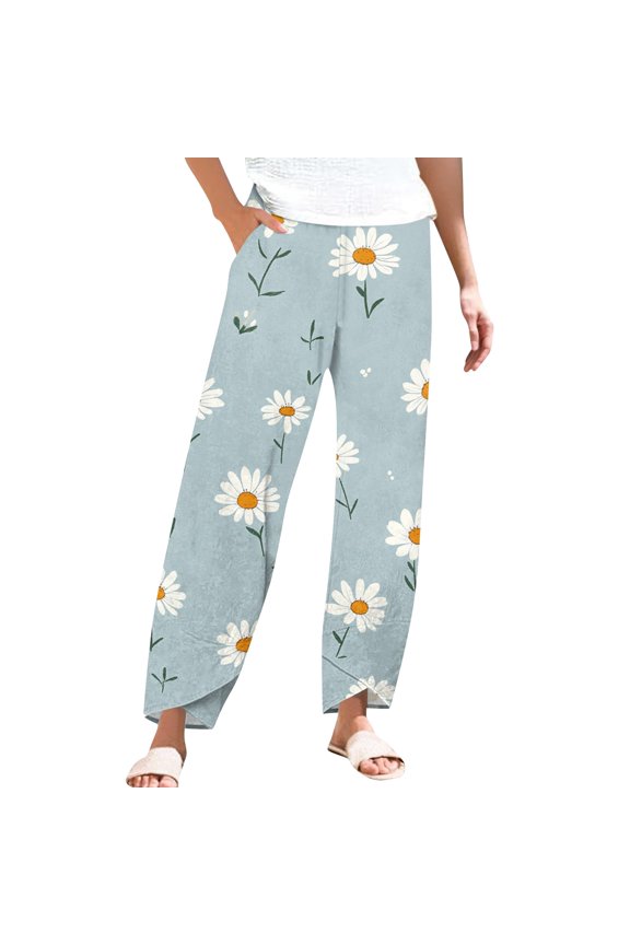 Women's Pleated Flowy Wide Leg Beach Pants - Crinkle Fabric Summer Trousers with Elastic Waist & Versatile Styling for Resort Wear,Light Blue S