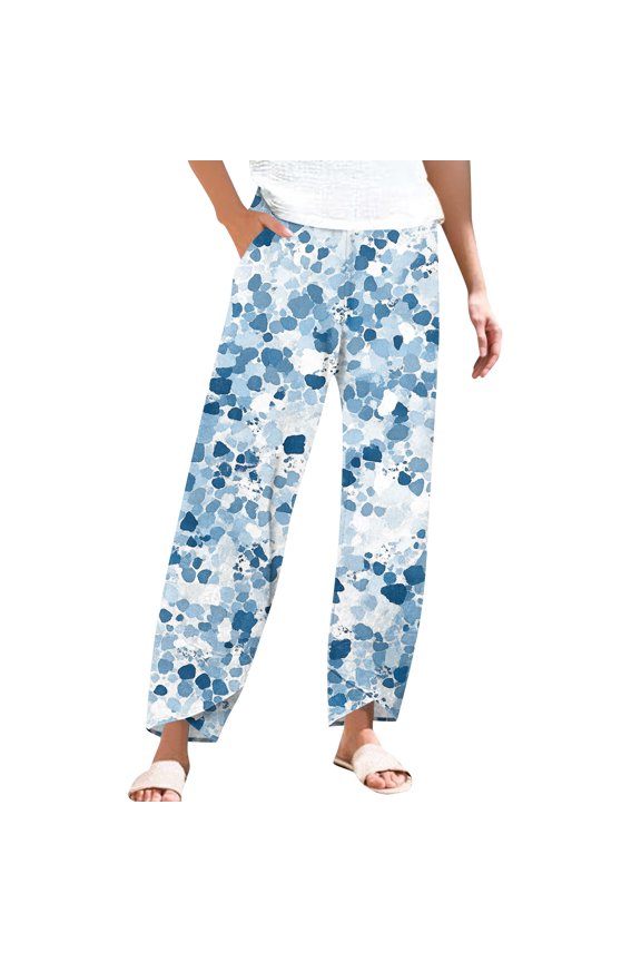 Women's Pleated Flowy Wide Leg Beach Pants - Crinkle Fabric Summer Trousers with Elastic Waist & Versatile Styling for Resort Wear,Blue S