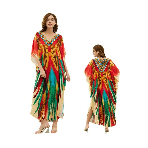 WTOBBY Women's Plus Size Beach Robe, Floral Rayon Sun Protective Loose-Fitting Long Cover Up for Pool Vacation Swimwear Cover and Resort Lounging,Wine