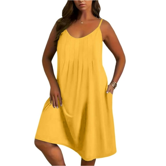 WTOBBY Women's Plus Size Casual Solid Color Round Neck Sleeveless Pleated Camisole Dress with Pocket, Flowy and Comfortable Fit for Everyday Wear, Fashionable and Breathable Design,Yellow L