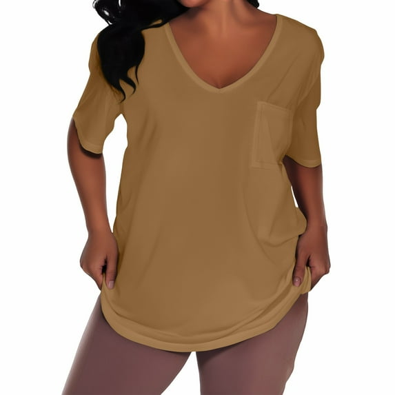 WTOBBY Women's Plus Size Casual Solid Color V-Neck Short Sleeve Pocket T-Shirt Top, Comfortable and Versatile Fit for Everyday Summer Wear,Light Brown 3XL