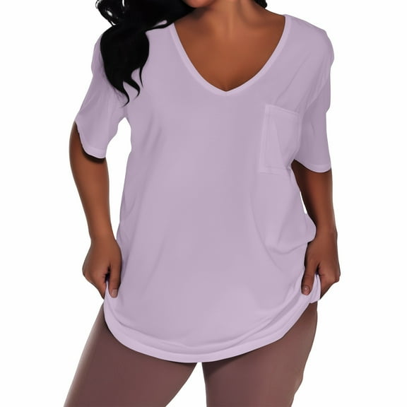 WTOBBY Women's Plus Size Casual Solid Color V-Neck Short Sleeve Pocket T-Shirt Top, Comfortable and Versatile Fit for Everyday Summer Wear,Light Purple XL